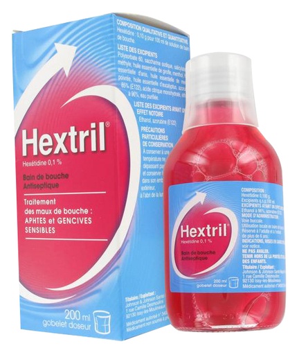 Boite Uni dose d'hextril (bain de bouche contient un antiseptique)